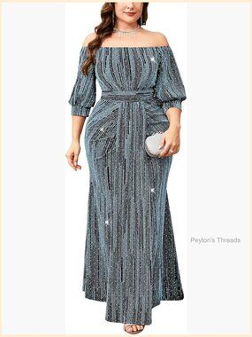 Plus Size Sparkly Formal Dress Off Shoulder Puff Sleeve Mermaid Maxi Cocktail